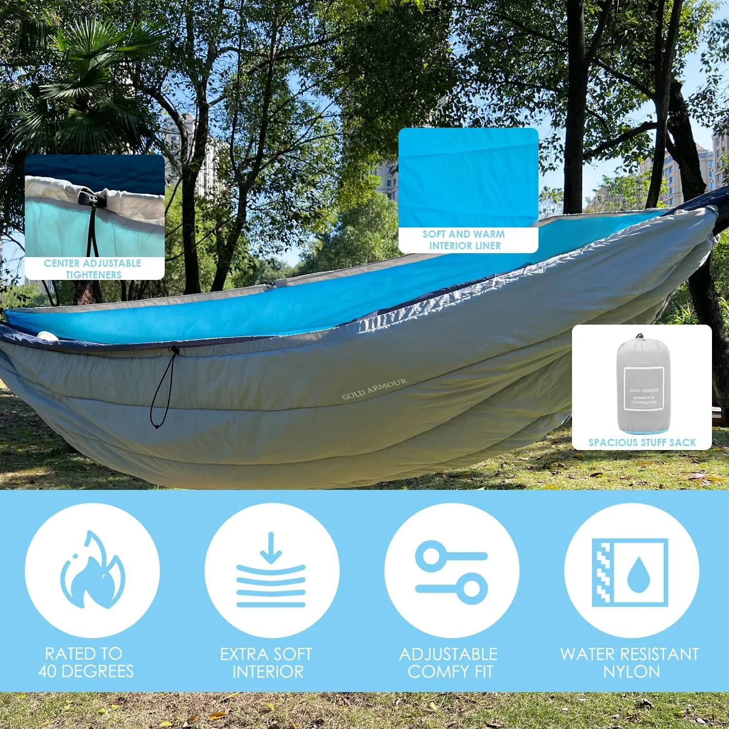Gold Armour Hammock Underquilt for Single Hammocks and Double Hammocks, Insulated Warm Underquilt - Essential Camping Equipment Gear Under Quilts for Hammock (Grey&Sky Blue)