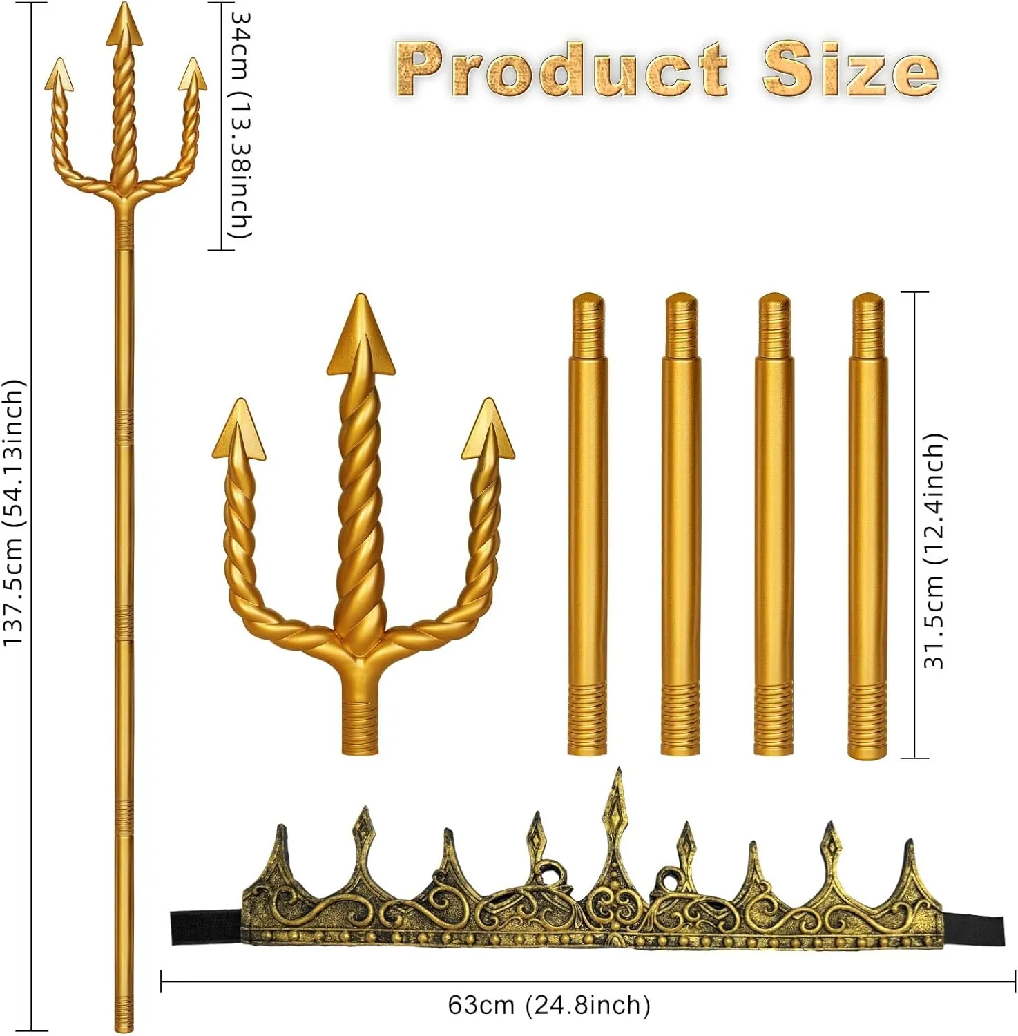 Gold Neptune Poseidon Trident and Gold King Crowns,Plastic Trident Staff Foam Crowns Cosplay Set,Halloween Costume Accessory Props