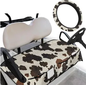 Golf Seat Covers & Steering Wheel - Cow Hide Print Breathable Seat Blanket with Pockets   Reflective Sun Shield, Universal Golf Cart Upgrades for Club Car Owners