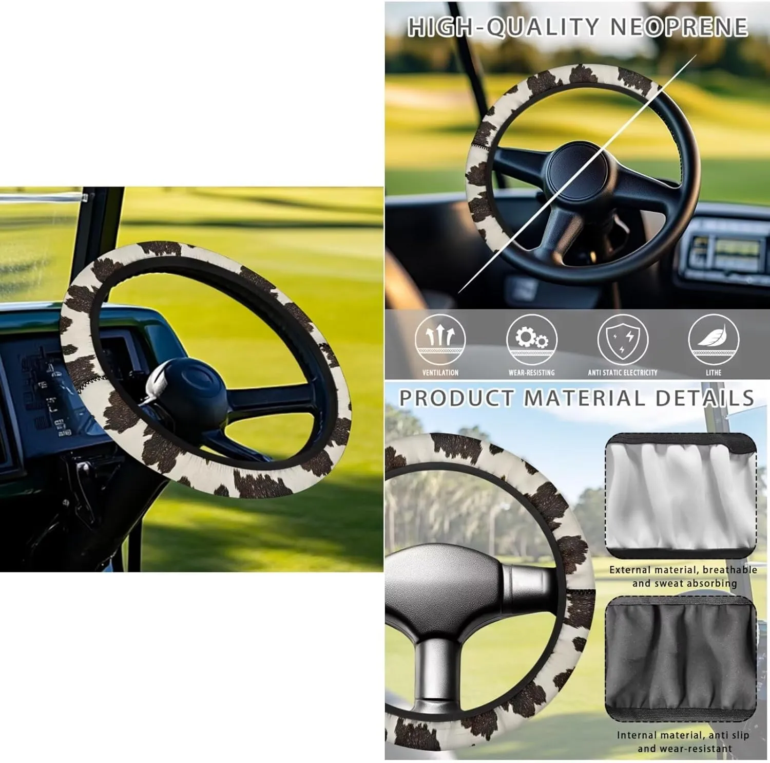 Golf Seat Covers & Steering Wheel - Cow Hide Print Breathable Seat Blanket with Pockets   Reflective Sun Shield, Universal Golf Cart Upgrades for Club Car Owners
