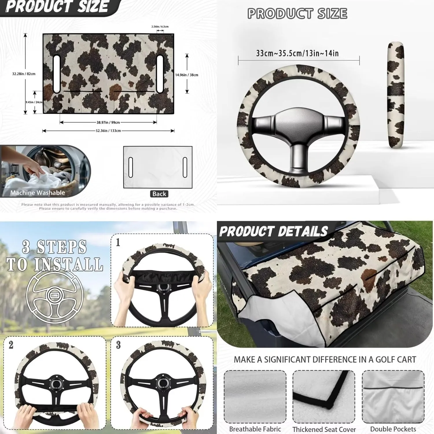 Golf Seat Covers & Steering Wheel - Cow Hide Print Breathable Seat Blanket with Pockets   Reflective Sun Shield, Universal Golf Cart Upgrades for Club Car Owners