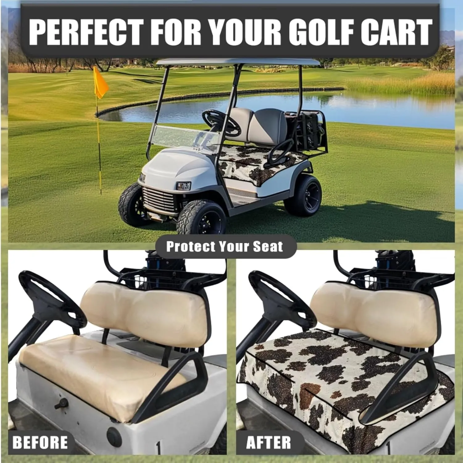 Golf Seat Covers & Steering Wheel - Cow Hide Print Breathable Seat Blanket with Pockets   Reflective Sun Shield, Universal Golf Cart Upgrades for Club Car Owners