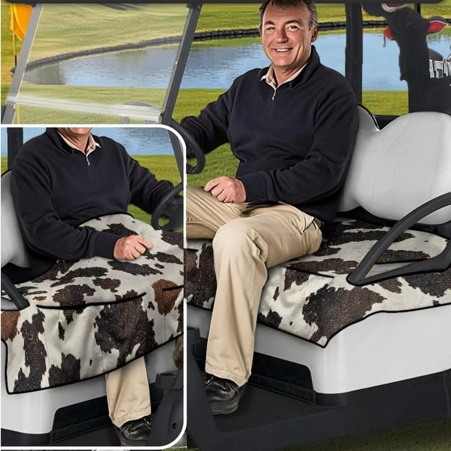 Golf Seat Covers & Steering Wheel - Cow Hide Print Breathable Seat Blanket with Pockets   Reflective Sun Shield, Universal Golf Cart Upgrades for Club Car Owners