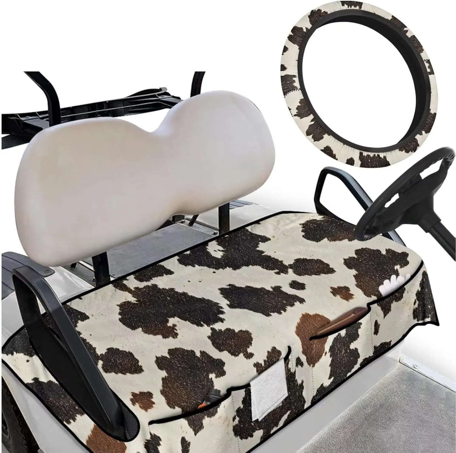 Golf Seat Covers & Steering Wheel - Cow Hide Print Breathable Seat Blanket with Pockets   Reflective Sun Shield, Universal Golf Cart Upgrades for Club Car Owners