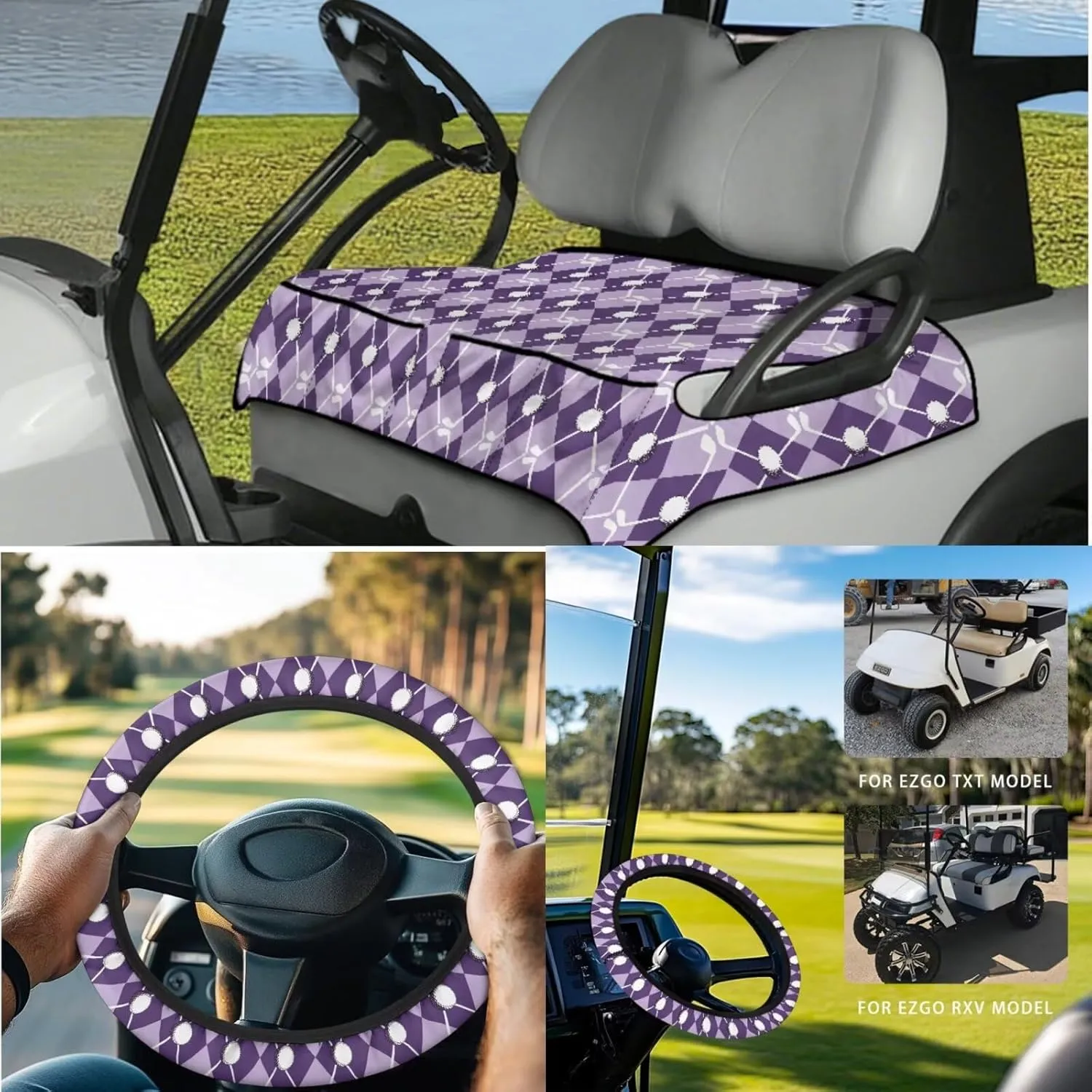 Golf Seat Covers & Steering Wheel(Purple Grid Golf Ball Print) - Breathable Seat Blanket with Pockets   Reflective Sun Shield, Universal Golf Cart Upgrades for Club Car Owners