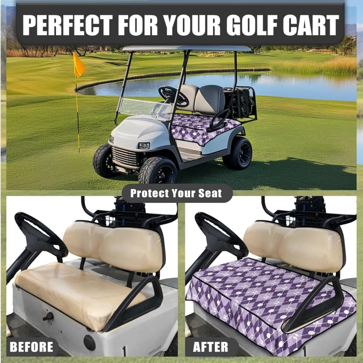 Golf Seat Covers & Steering Wheel(Purple Grid Golf Ball Print) - Breathable Seat Blanket with Pockets   Reflective Sun Shield, Universal Golf Cart Upgrades for Club Car Owners