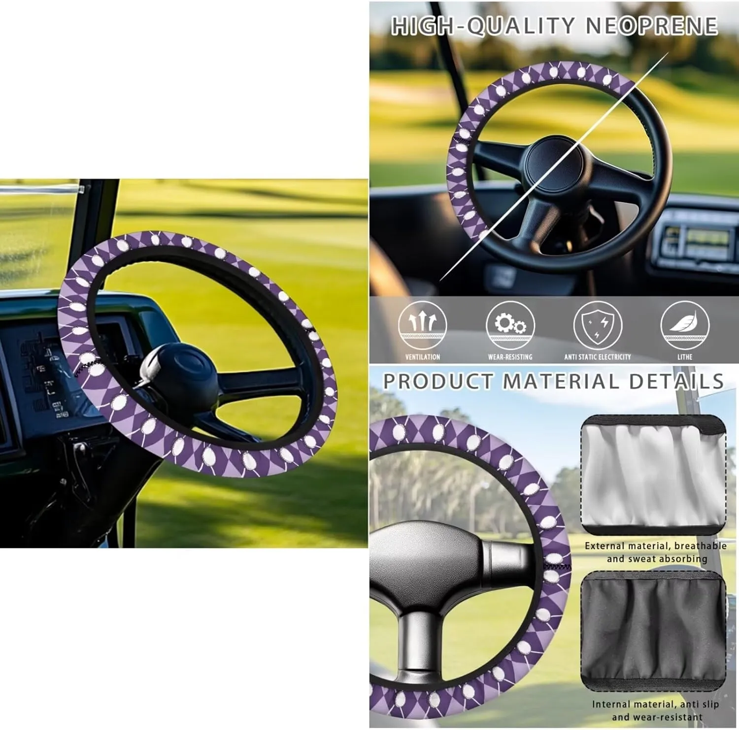 Golf Seat Covers & Steering Wheel(Purple Grid Golf Ball Print) - Breathable Seat Blanket with Pockets   Reflective Sun Shield, Universal Golf Cart Upgrades for Club Car Owners