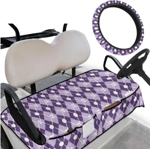 Golf Seat Covers & Steering Wheel(Purple Grid Golf Ball Print) - Breathable Seat Blanket with Pockets   Reflective Sun Shield, Universal Golf Cart Upgrades for Club Car Owners