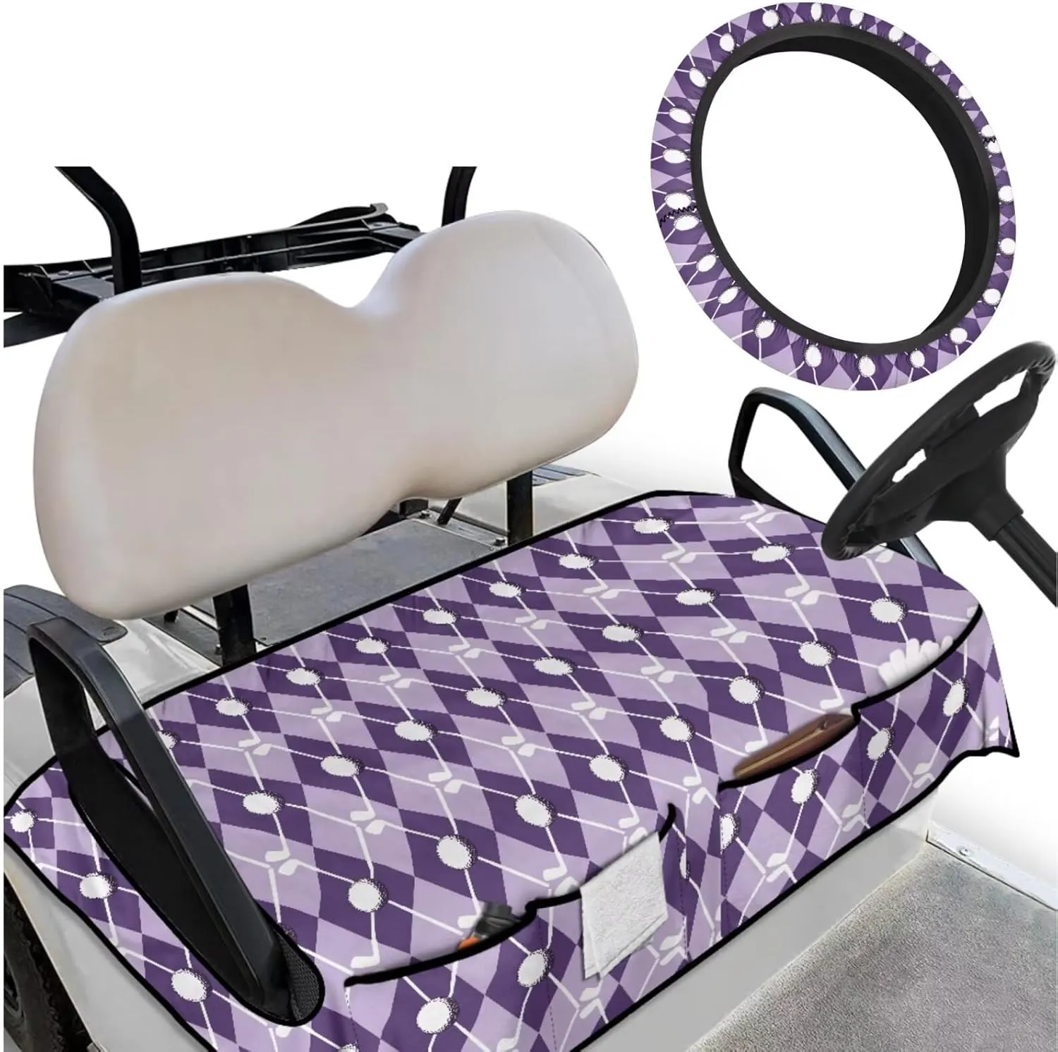 Golf Seat Covers & Steering Wheel(Purple Grid Golf Ball Print) - Breathable Seat Blanket with Pockets   Reflective Sun Shield, Universal Golf Cart Upgrades for Club Car Owners