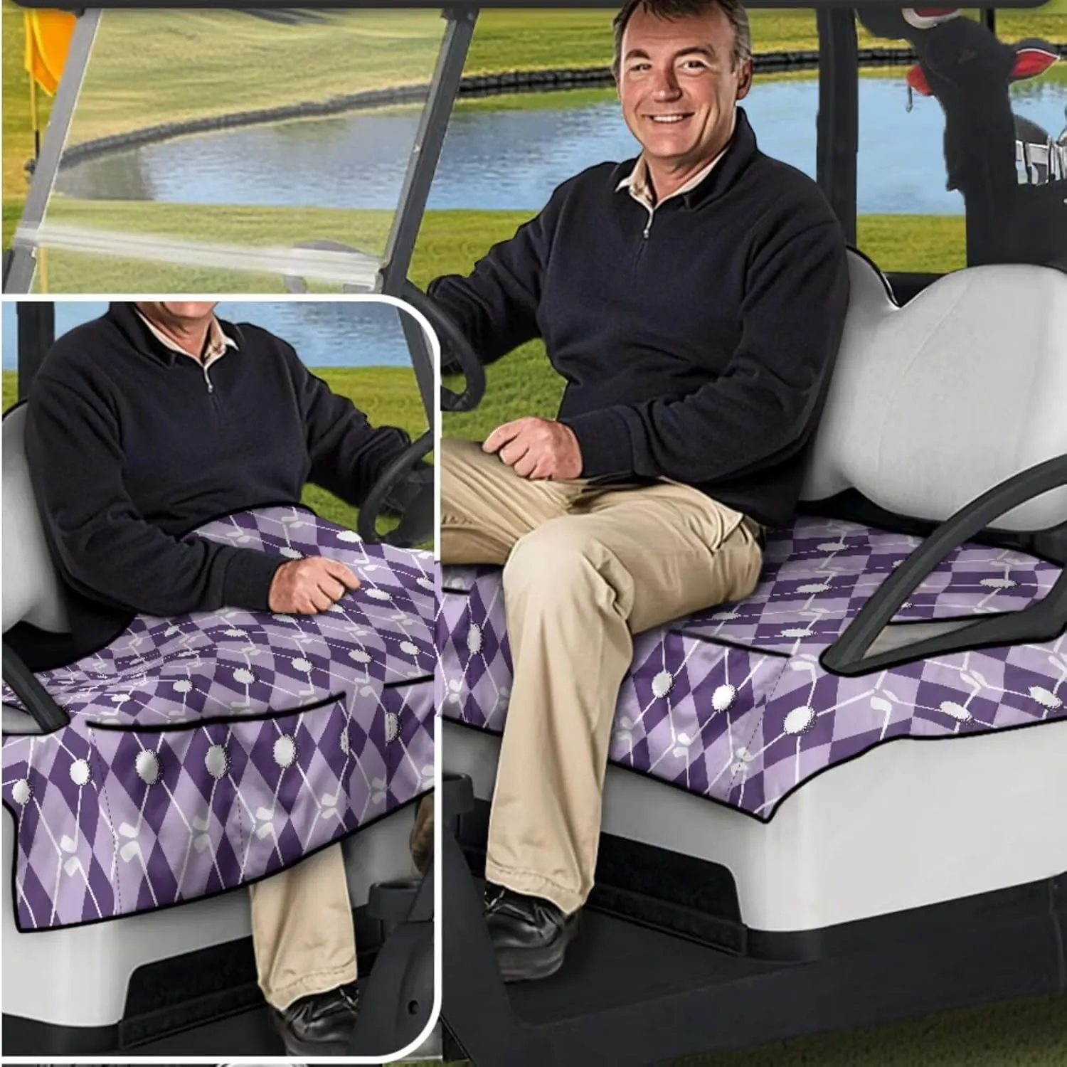 Golf Seat Covers & Steering Wheel(Purple Grid Golf Ball Print) - Breathable Seat Blanket with Pockets   Reflective Sun Shield, Universal Golf Cart Upgrades for Club Car Owners