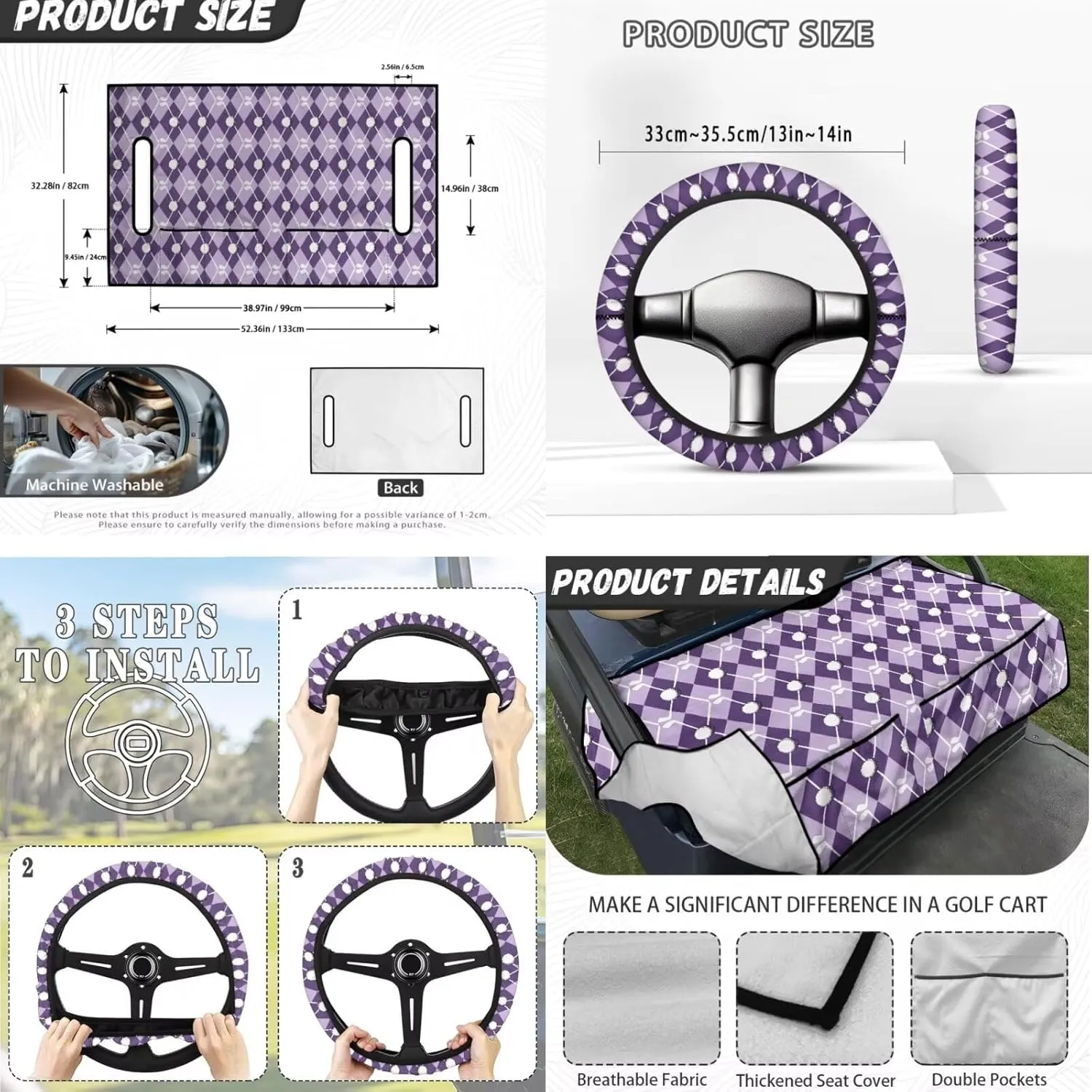 Golf Seat Covers & Steering Wheel(Purple Grid Golf Ball Print) - Breathable Seat Blanket with Pockets   Reflective Sun Shield, Universal Golf Cart Upgrades for Club Car Owners