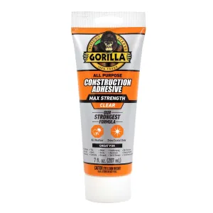 Gorilla Max Strength Construction Adhesive, Clear Glue, 7 Ounce Squeeze Tube (Pack of 1) - Gap Filling and Waterproof