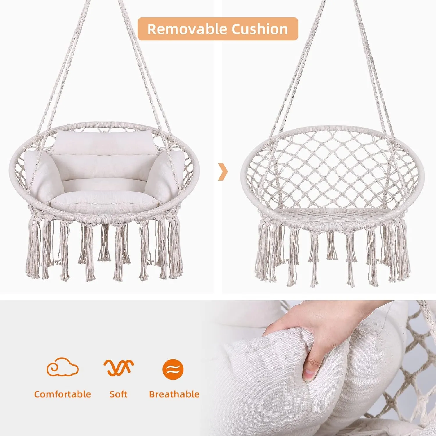 Goutime Hammock Chair, Macrame Hanging Swing Chairs with Cushion and Hardware Kit,Adult Boho Swings for Outside,Patio,Balcony,Bedroom (Beige)