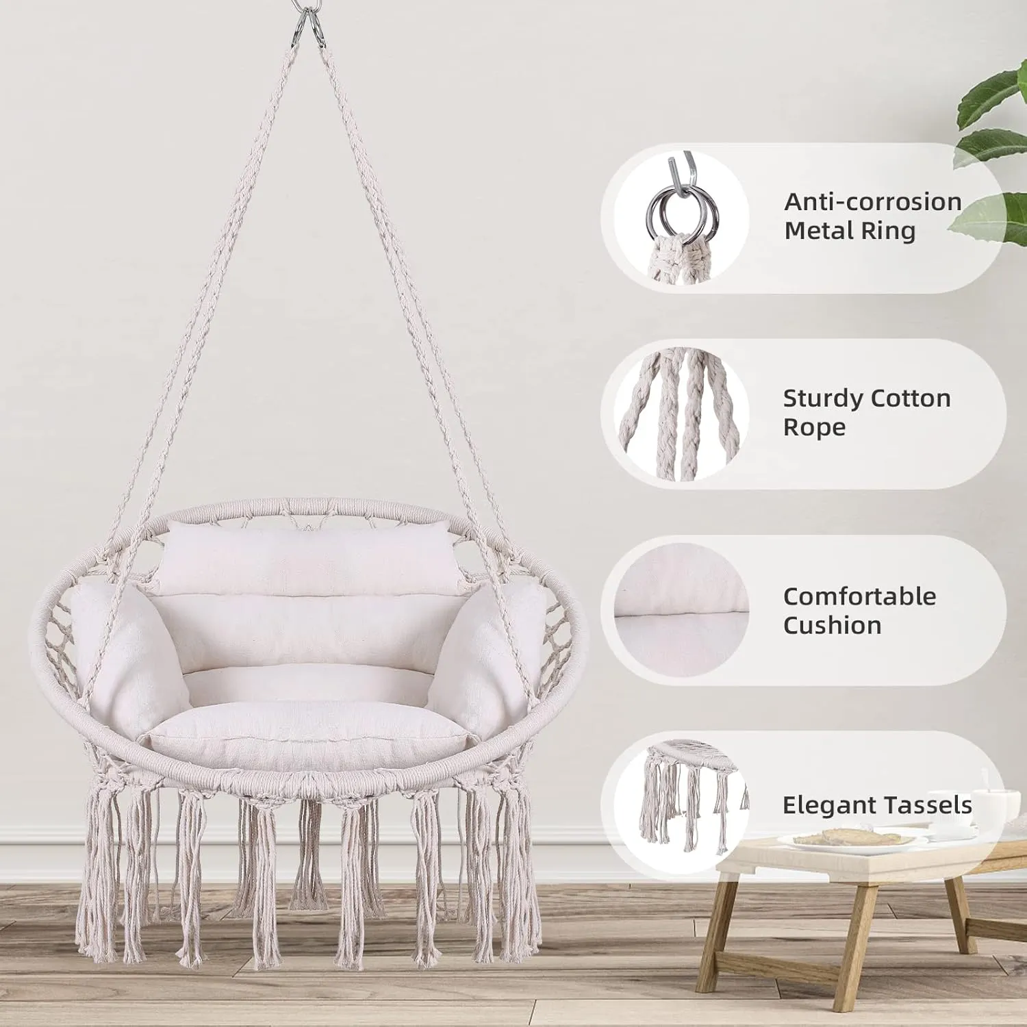 Goutime Hammock Chair, Macrame Hanging Swing Chairs with Cushion and Hardware Kit,Adult Boho Swings for Outside,Patio,Balcony,Bedroom (Beige)