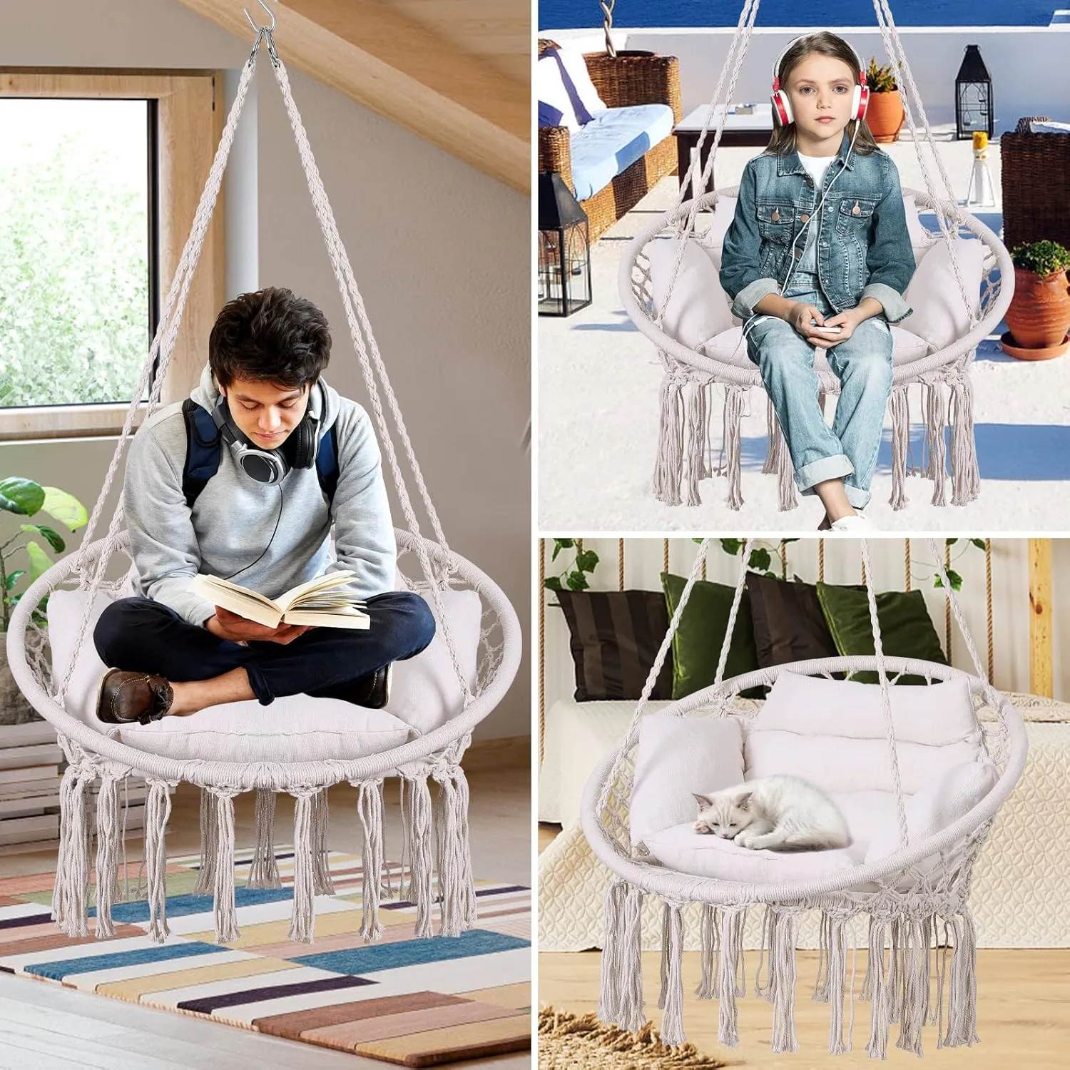 Goutime Hammock Chair, Macrame Hanging Swing Chairs with Cushion and Hardware Kit,Adult Boho Swings for Outside,Patio,Balcony,Bedroom (Beige)