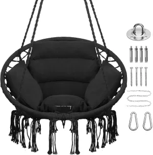 Goutime Hammock Chair with Hanging Hardware Kit and Back Cushions,Macrame Boho Swing Chairs for Indoor,Outdoor,Bedroom,Patio(Black)