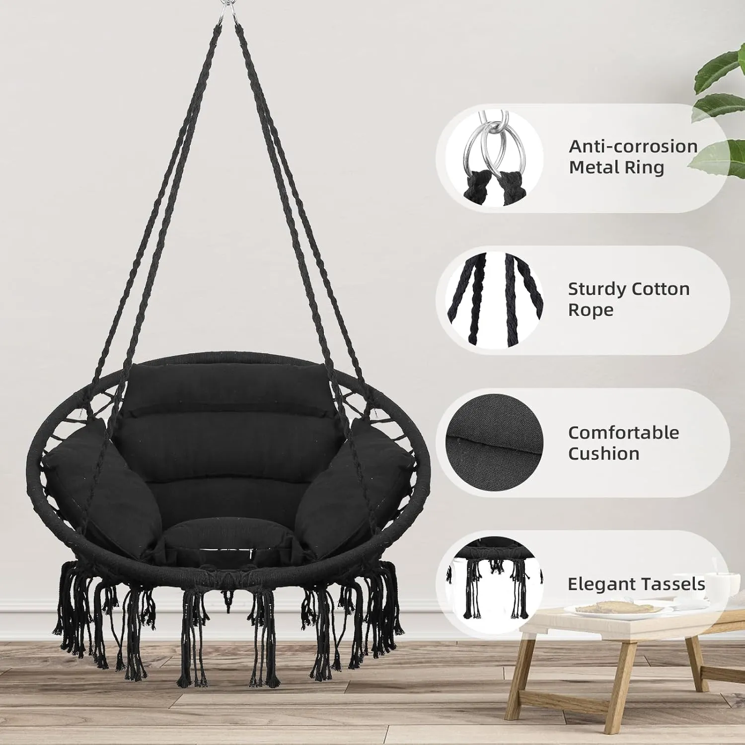 Goutime Hammock Chair with Hanging Hardware Kit and Back Cushions,Macrame Boho Swing Chairs for Indoor,Outdoor,Bedroom,Patio(Black)