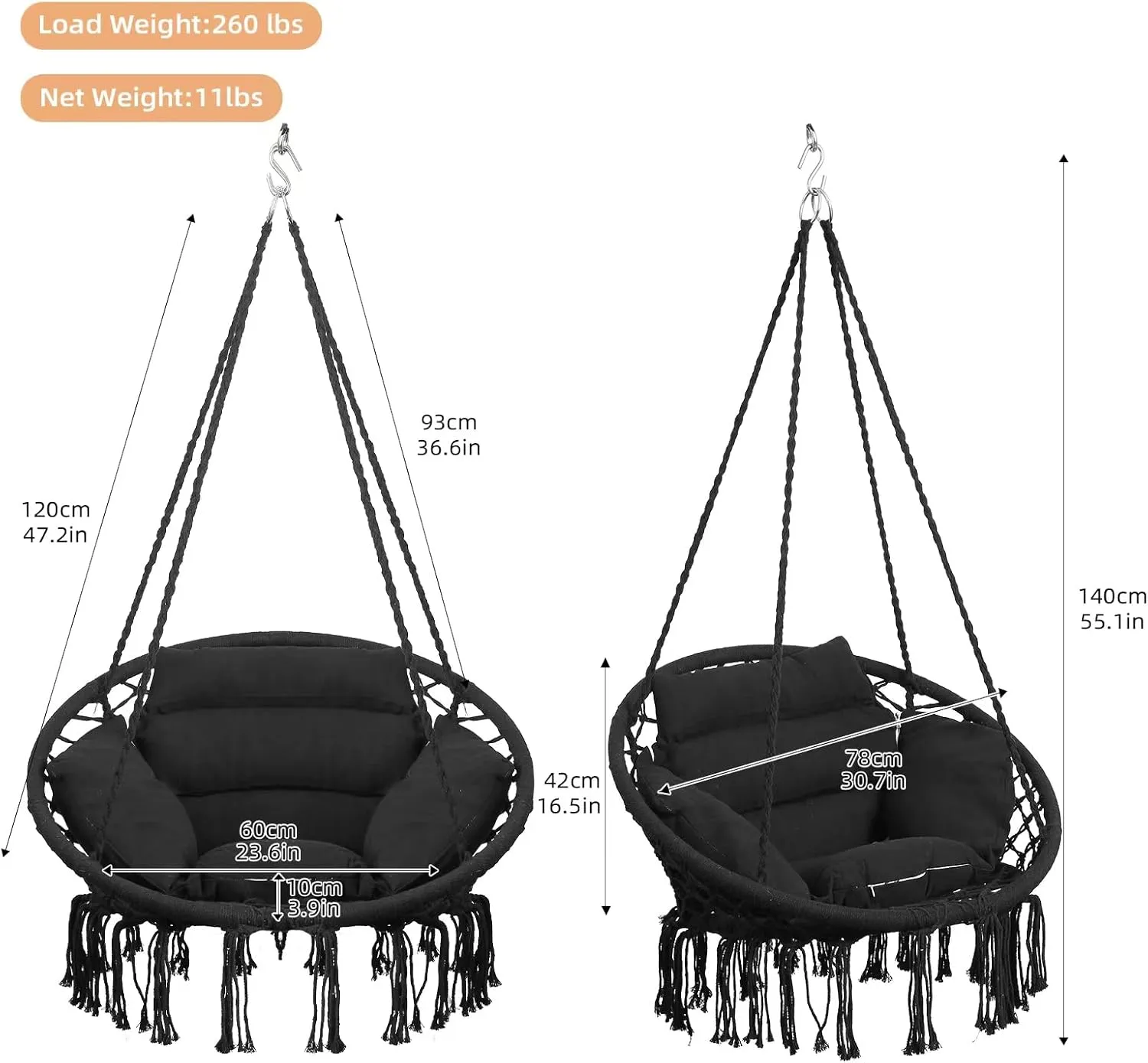Goutime Hammock Chair with Hanging Hardware Kit and Back Cushions,Macrame Boho Swing Chairs for Indoor,Outdoor,Bedroom,Patio(Black)