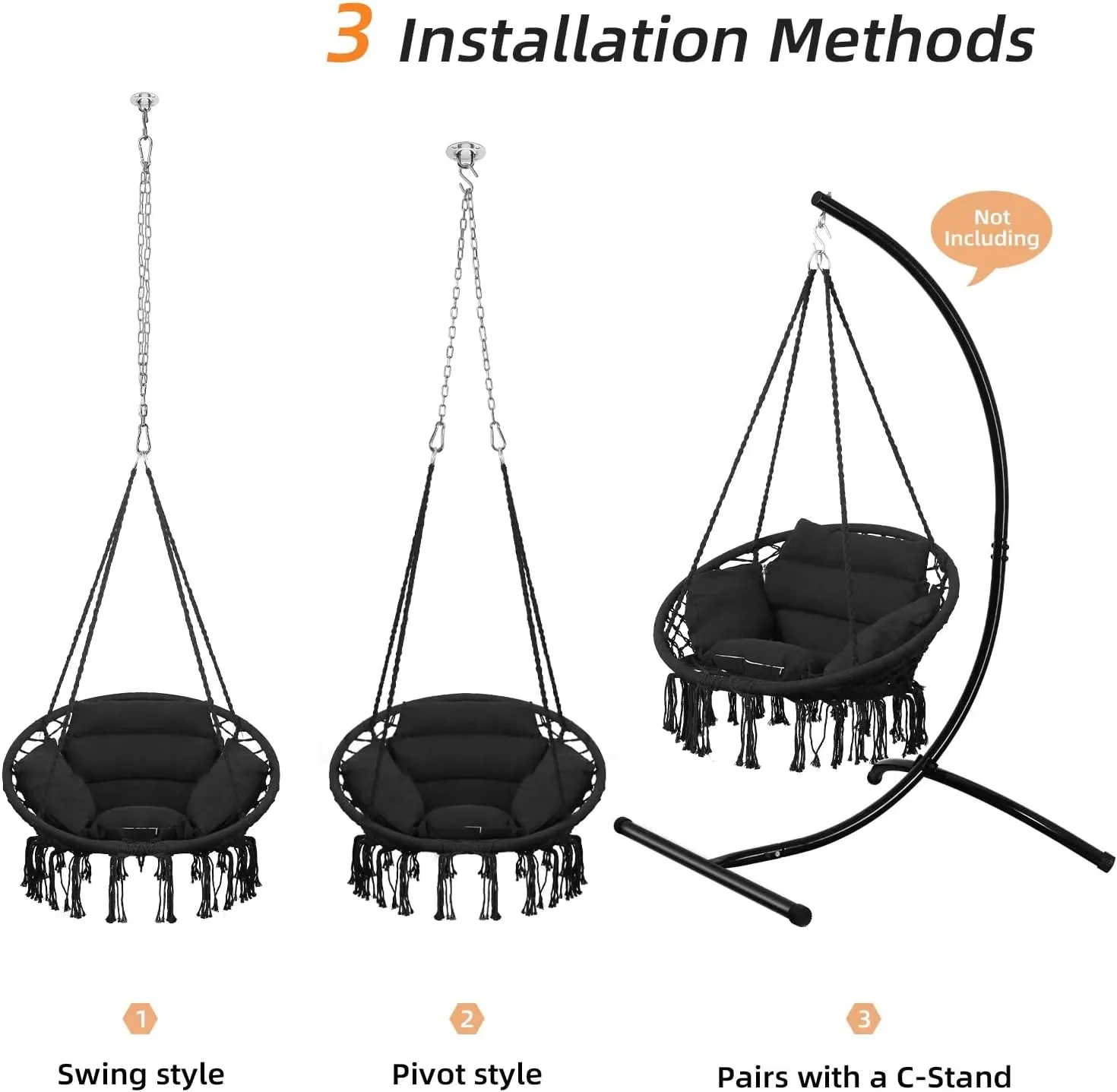 Goutime Hammock Chair with Hanging Hardware Kit and Back Cushions,Macrame Boho Swing Chairs for Indoor,Outdoor,Bedroom,Patio(Black)