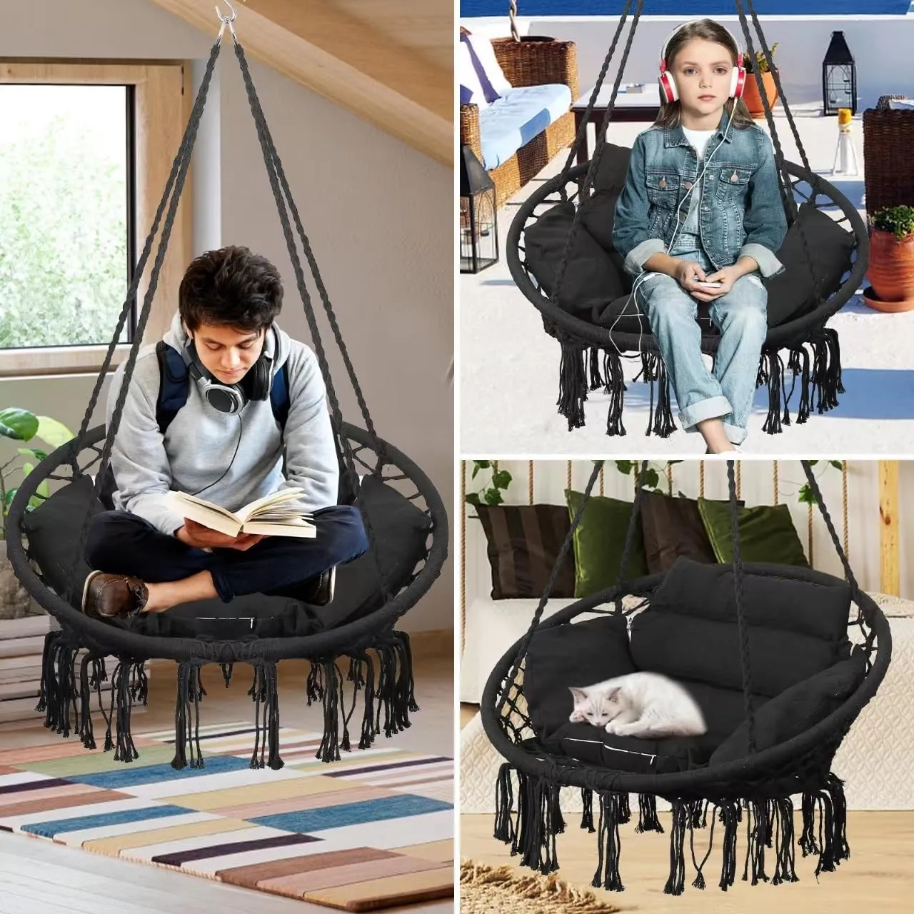 Goutime Hammock Chair with Hanging Hardware Kit and Back Cushions,Macrame Boho Swing Chairs for Indoor,Outdoor,Bedroom,Patio(Black)