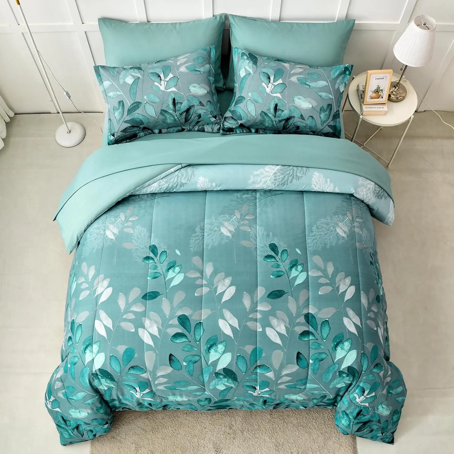Green Botanical Comforter Set Queen Size 7 Pieces Teal Floral Leaves Reversible Bed in a Bag with Sheets Set All Season, Soft Microfiber Mint Green Floral Complete Duvet Bedding Set (Queen, 90"x90")