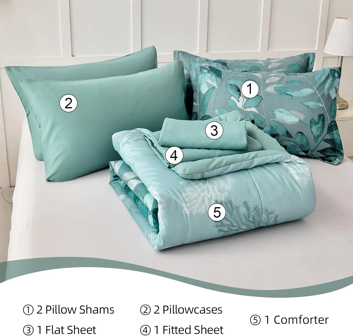 Green Botanical Comforter Set Queen Size 7 Pieces Teal Floral Leaves Reversible Bed in a Bag with Sheets Set All Season, Soft Microfiber Mint Green Floral Complete Duvet Bedding Set (Queen, 90"x90")