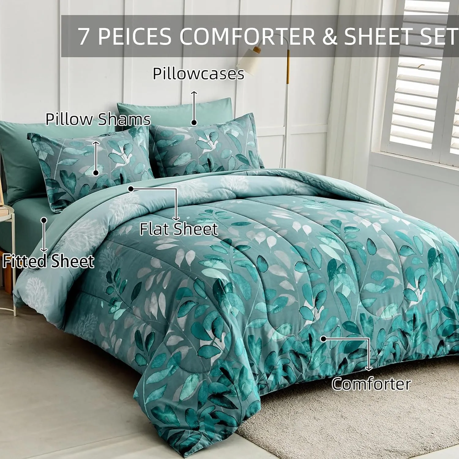 Green Botanical Comforter Set Queen Size 7 Pieces Teal Floral Leaves Reversible Bed in a Bag with Sheets Set All Season, Soft Microfiber Mint Green Floral Complete Duvet Bedding Set (Queen, 90"x90")
