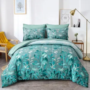 Green Botanical Comforter Set Queen Size 7 Pieces Teal Floral Leaves Reversible Bed in a Bag with Sheets Set All Season, Soft Microfiber Mint Green Floral Complete Duvet Bedding Set (Queen, 90"x90")