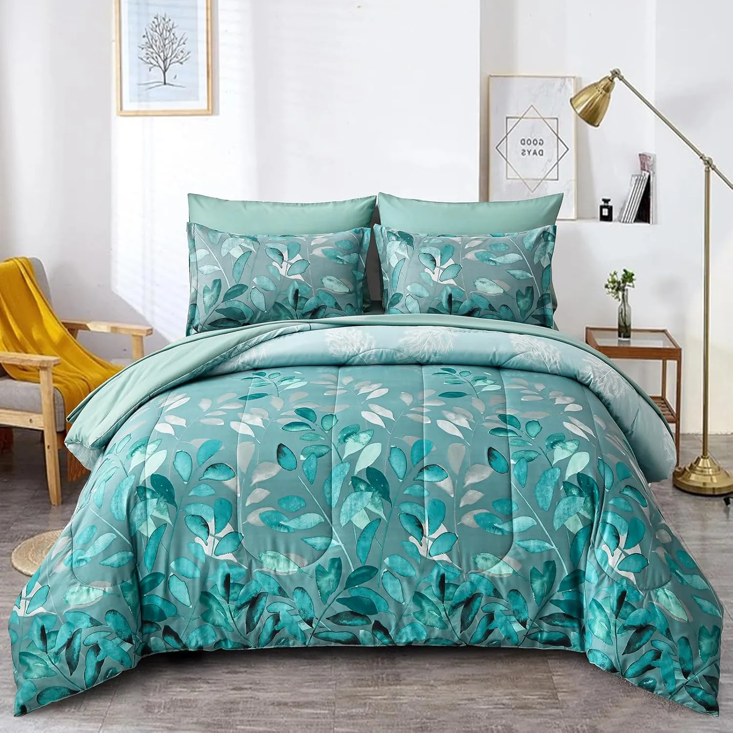 Green Botanical Comforter Set Queen Size 7 Pieces Teal Floral Leaves Reversible Bed in a Bag with Sheets Set All Season, Soft Microfiber Mint Green Floral Complete Duvet Bedding Set (Queen, 90"x90")