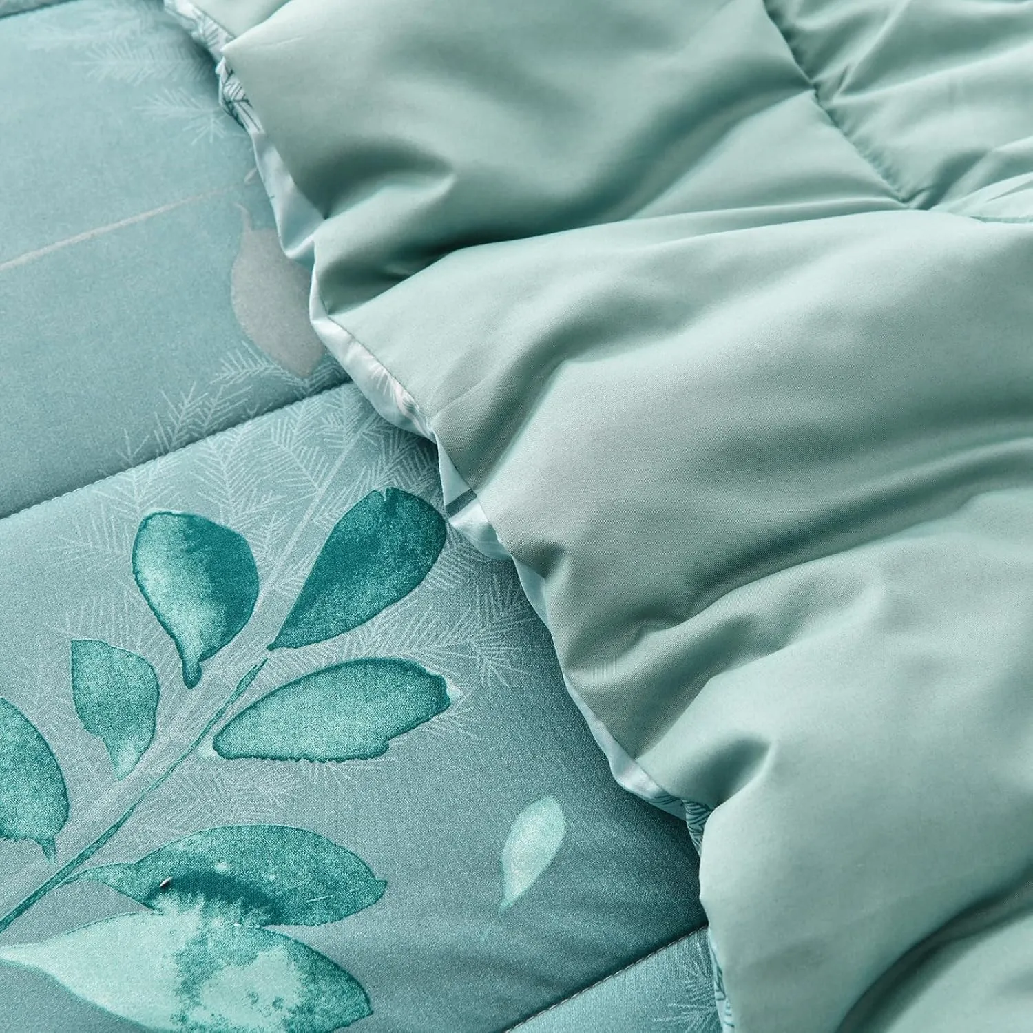 Green Botanical Comforter Set Queen Size 7 Pieces Teal Floral Leaves Reversible Bed in a Bag with Sheets Set All Season, Soft Microfiber Mint Green Floral Complete Duvet Bedding Set (Queen, 90"x90")
