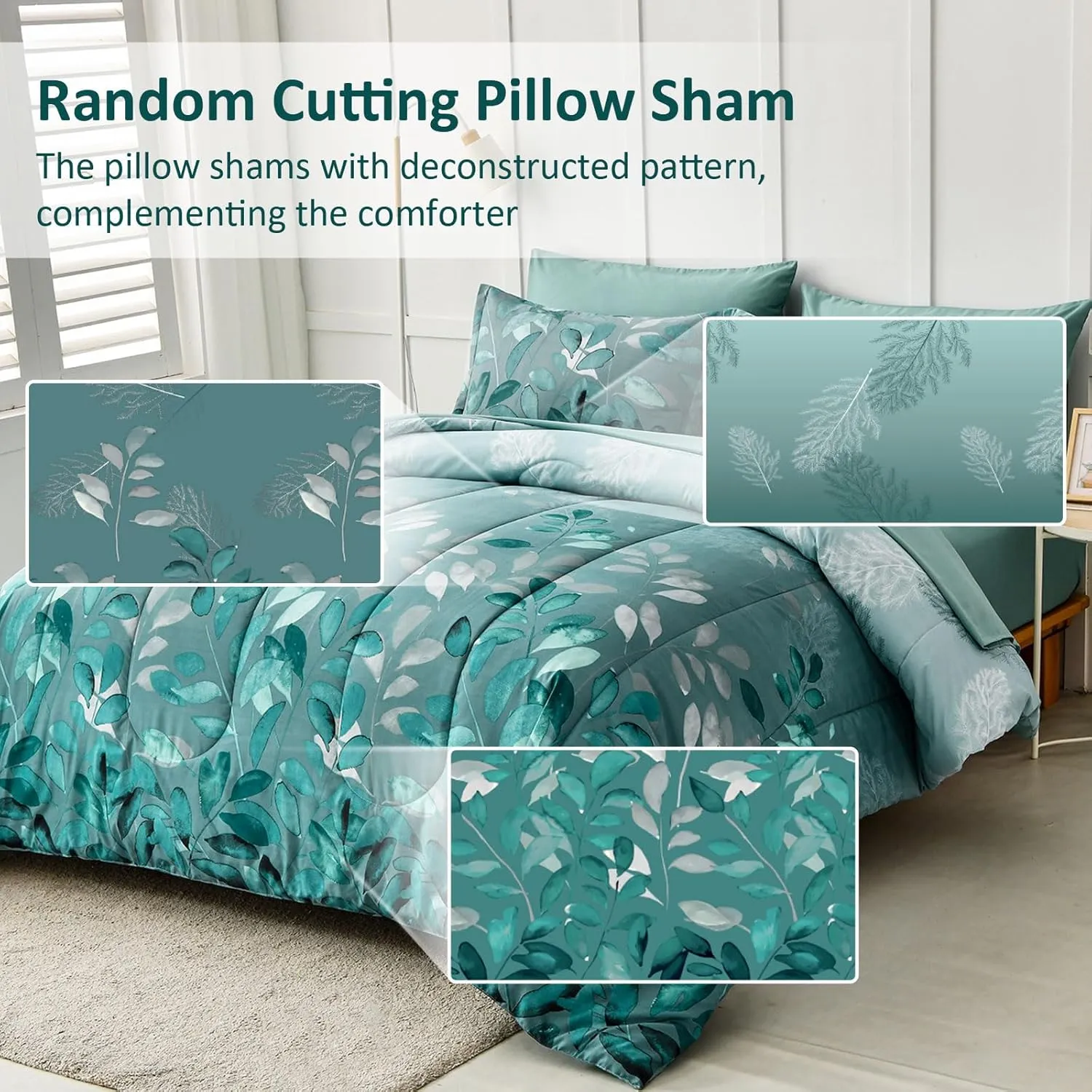 Green Botanical Comforter Set Queen Size 7 Pieces Teal Floral Leaves Reversible Bed in a Bag with Sheets Set All Season, Soft Microfiber Mint Green Floral Complete Duvet Bedding Set (Queen, 90"x90")