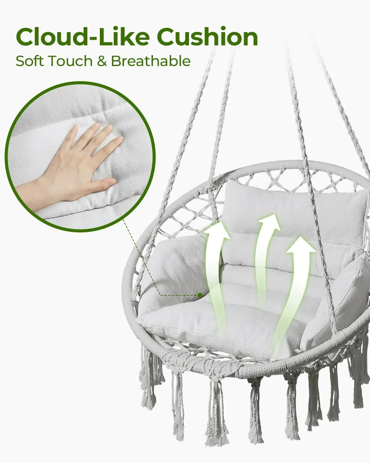 Greenstell Hammock Chair, Macrame Swing Chair with Comfy Cushion, Boho Hanging Chair for Outdoor & Indoor, Perfect for Bedroom, Patio, Balcony, Hold up to 330Lbs, Grey