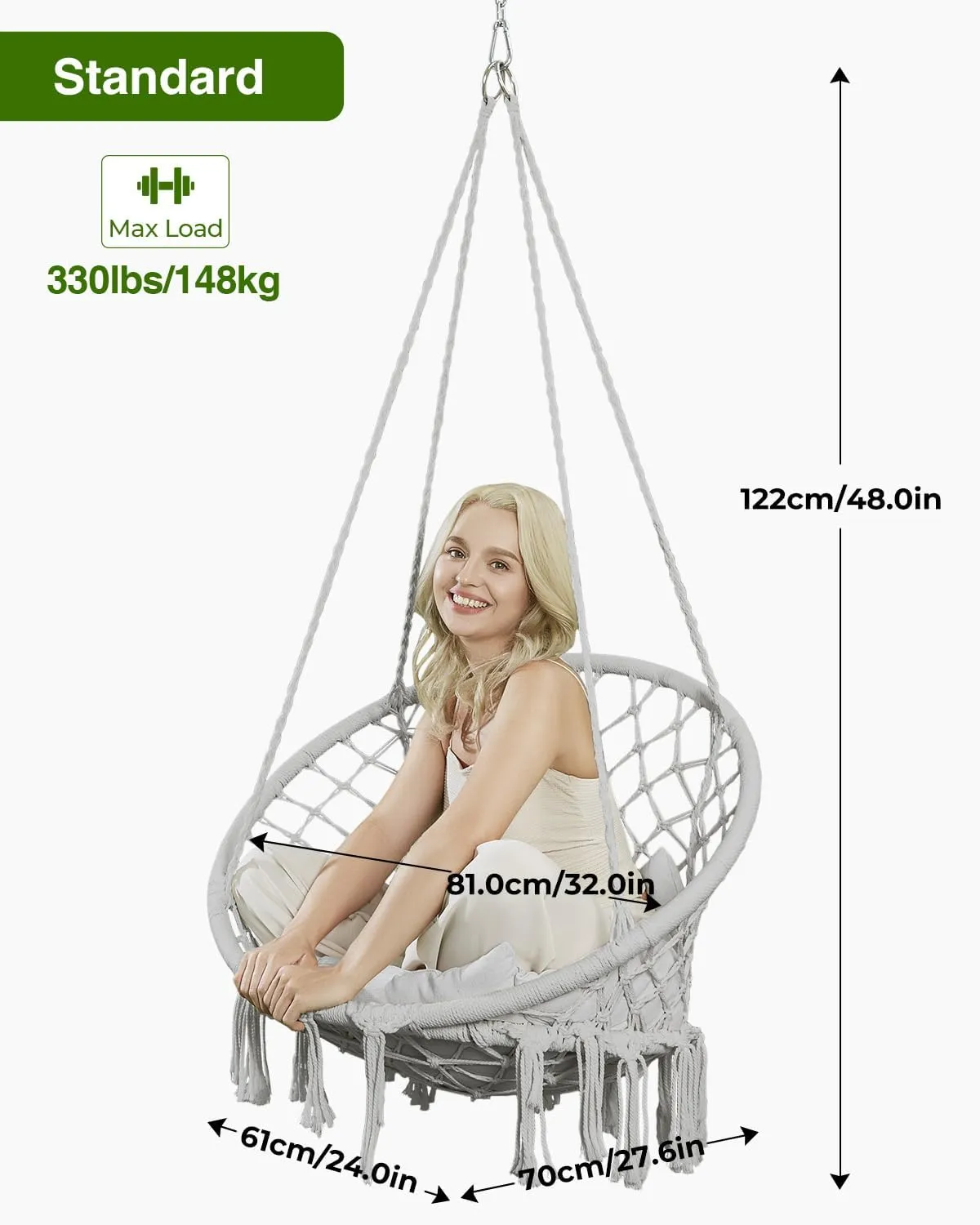 Greenstell Hammock Chair, Macrame Swing Chair with Comfy Cushion, Boho Hanging Chair for Outdoor & Indoor, Perfect for Bedroom, Patio, Balcony, Hold up to 330Lbs, Grey