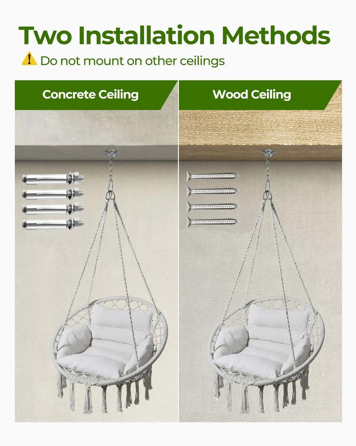 Greenstell Hammock Chair, Macrame Swing Chair with Comfy Cushion, Boho Hanging Chair for Outdoor & Indoor, Perfect for Bedroom, Patio, Balcony, Hold up to 330Lbs, Grey