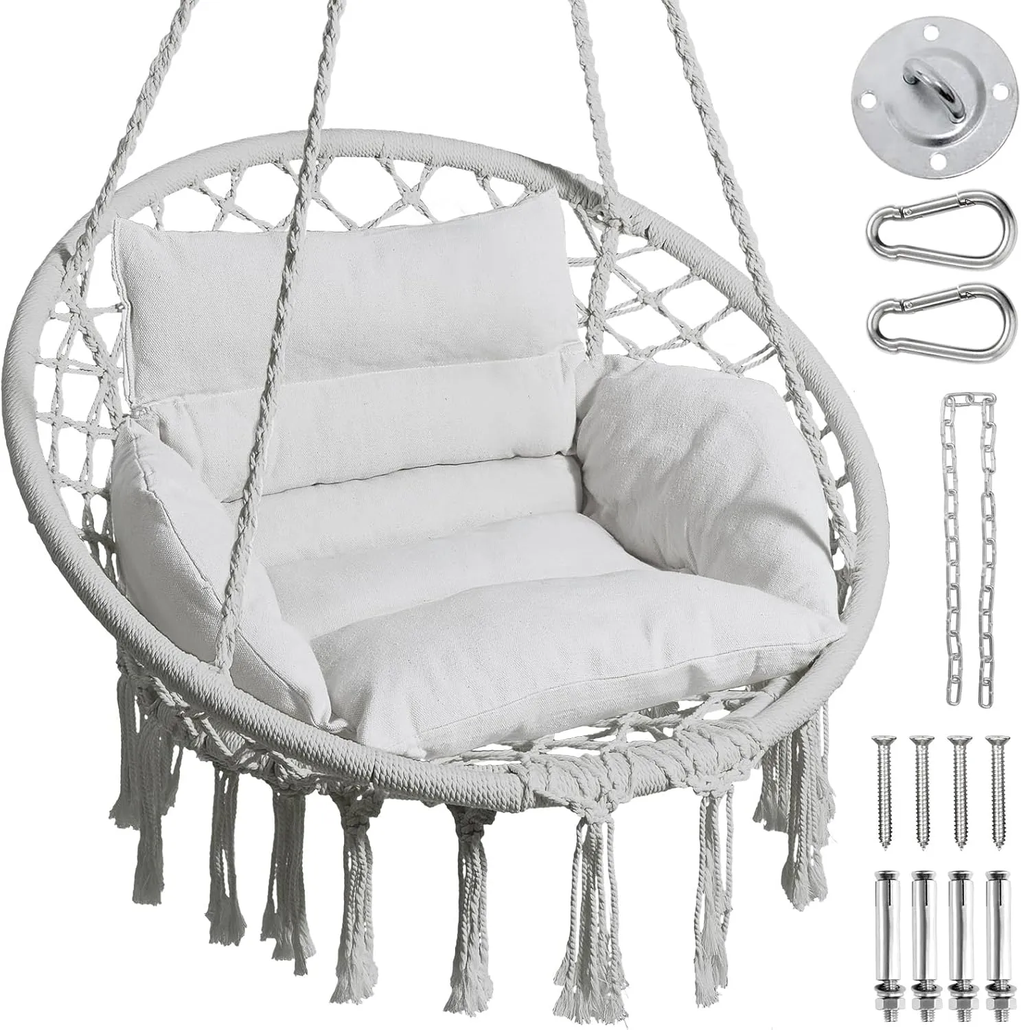 Greenstell Hammock Chair, Macrame Swing Chair with Comfy Cushion, Boho Hanging Chair for Outdoor & Indoor, Perfect for Bedroom, Patio, Balcony, Hold up to 330Lbs, Grey