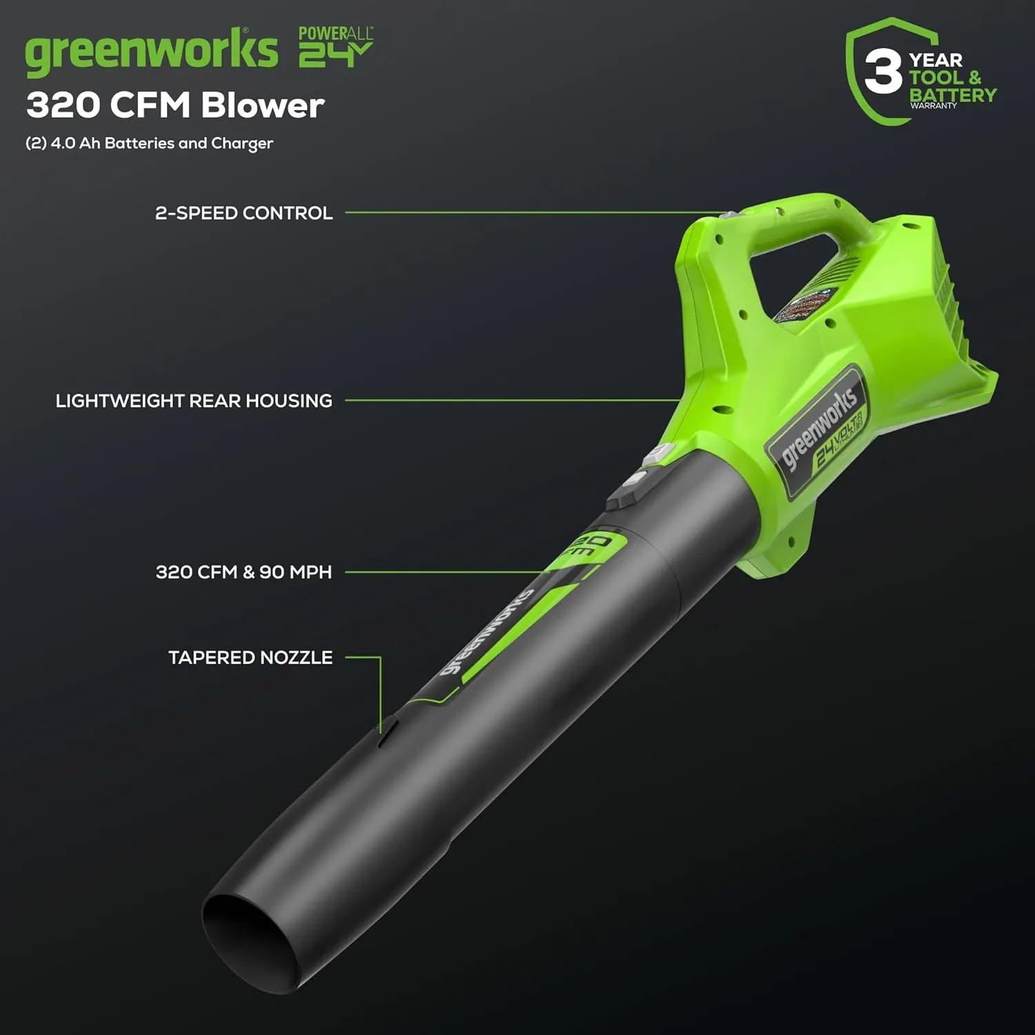 Greenworks 48V (2x24V) 17" Brushless Mower 12" String Trimmer  320CFM Blower,(2) 4.0Ah Batteries and 2A Dual Port Charger