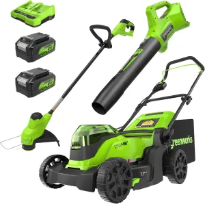 Greenworks 48V (2x24V) 17" Brushless Mower 12" String Trimmer  320CFM Blower,(2) 4.0Ah Batteries and 2A Dual Port Charger