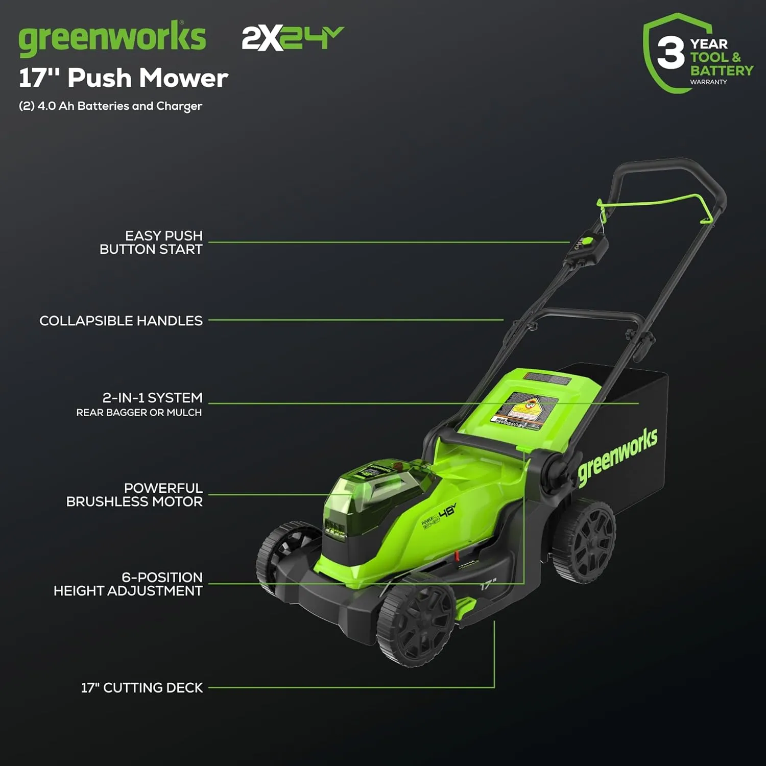 Greenworks 48V (2x24V) 17" Brushless Mower 12" String Trimmer  320CFM Blower,(2) 4.0Ah Batteries and 2A Dual Port Charger