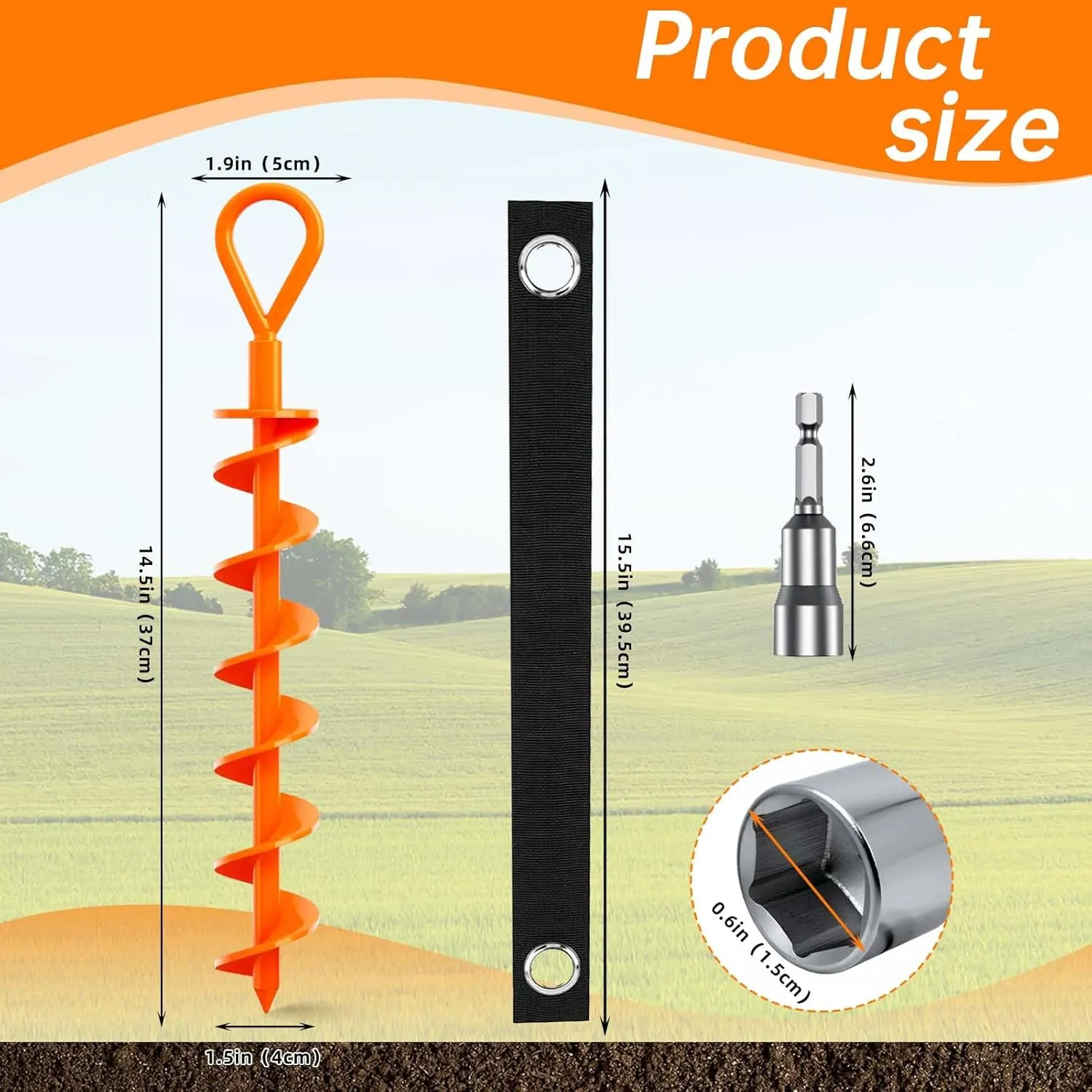 Ground Anchor,Heavy Duty Tent Stakes Trampoline Anchors, Ground Anchors Screw in, Trampoline Anchor Kit with Straps,for Camping Tent, Swing Sets, Sheds, Trampoline(6 Pack,Orange)