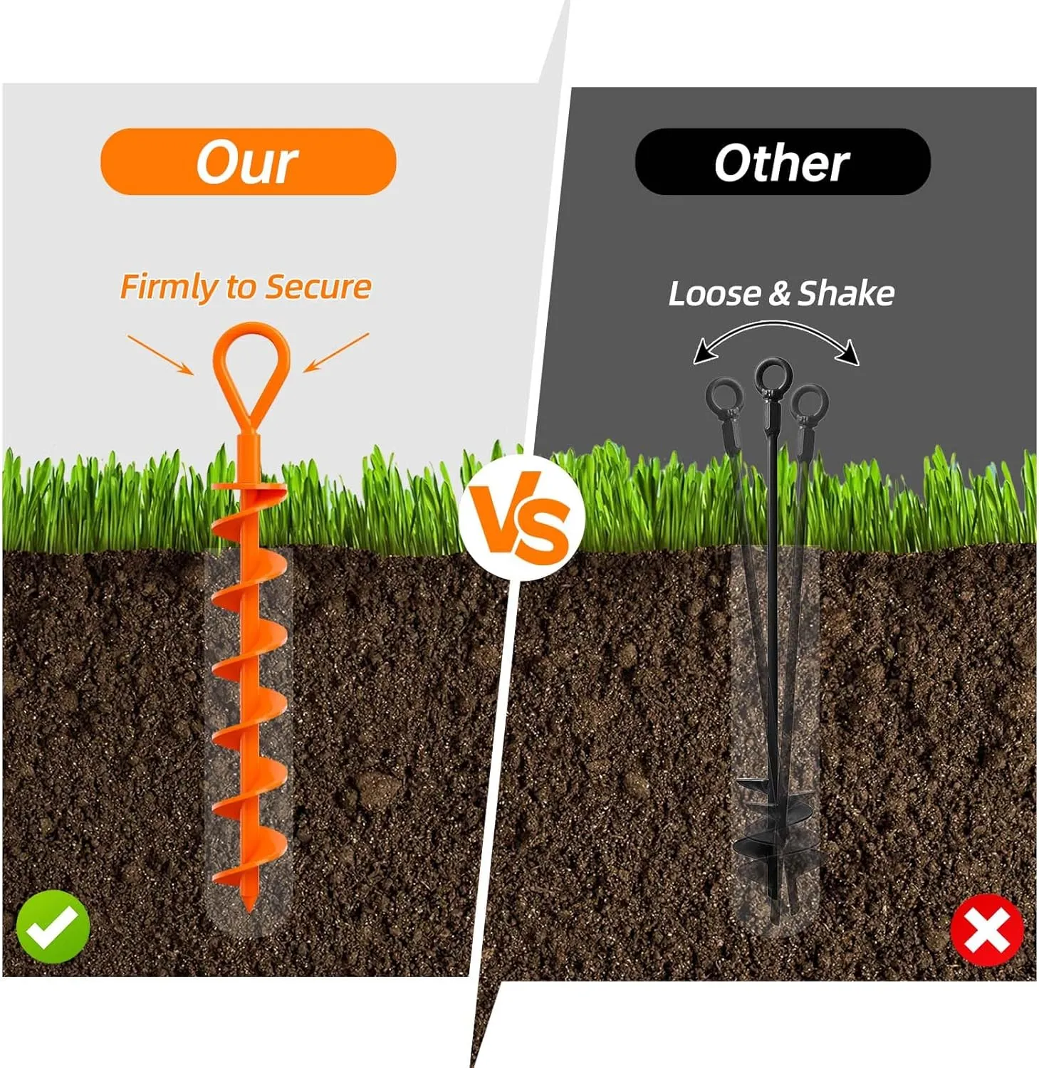 Ground Anchor,Heavy Duty Tent Stakes Trampoline Anchors, Ground Anchors Screw in, Trampoline Anchor Kit with Straps,for Camping Tent, Swing Sets, Sheds, Trampoline(6 Pack,Orange)