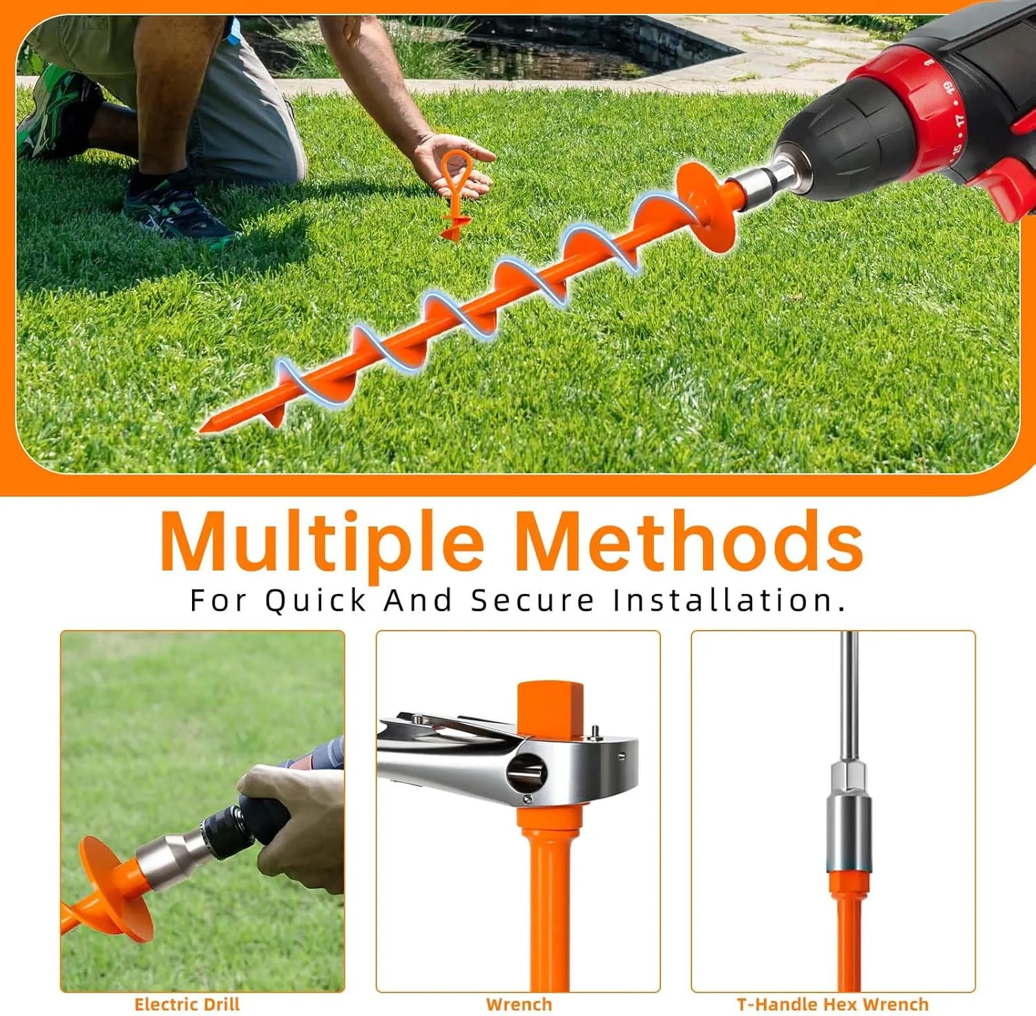 Ground Anchor,Heavy Duty Tent Stakes Trampoline Anchors, Ground Anchors Screw in, Trampoline Anchor Kit with Straps,for Camping Tent, Swing Sets, Sheds, Trampoline(6 Pack,Orange)