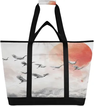 Grus Japonensis Reusable Insulated Lunchbox Cooler Bag, Leakproof Kitchen Grocery Bag Collapsible Portable Cooler Tote Bag for Picnic, Camping, Office, Travel