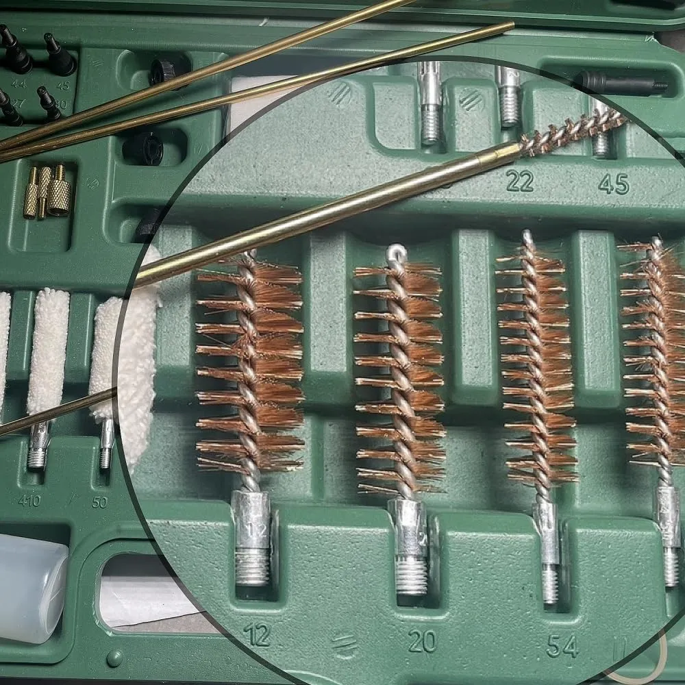 Gun Cleaning Kit Brush 12 20 410 .223/5.56 .22, .30, .243, .280, .40, .45, .357/9mm/.38 Gauge Compact Portable Case with Bronze Brush, Spring Brush