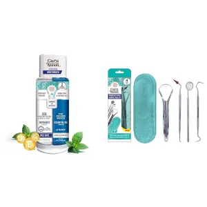 GuruNanda Dual Barrel Oxyburst Whitening Mouthwash   100% Stainless Steel Dental Kit with Tongue Scraper, Dental Mirror, Dental Scaler & Gum Stimulator - 4 Piece Dental Tools Set (Mouthwash -20 Fl Oz)