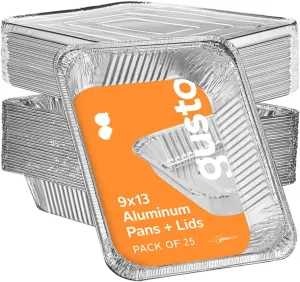 GUSTO [25 Count 9x13 Inch Aluminum Pans With Lids, Half Size Deep Steam Foil Pans with Lids - Table Pans for Baking, Cooking, Heating, Storing and Food Prepping (Formerly Comfy Package)