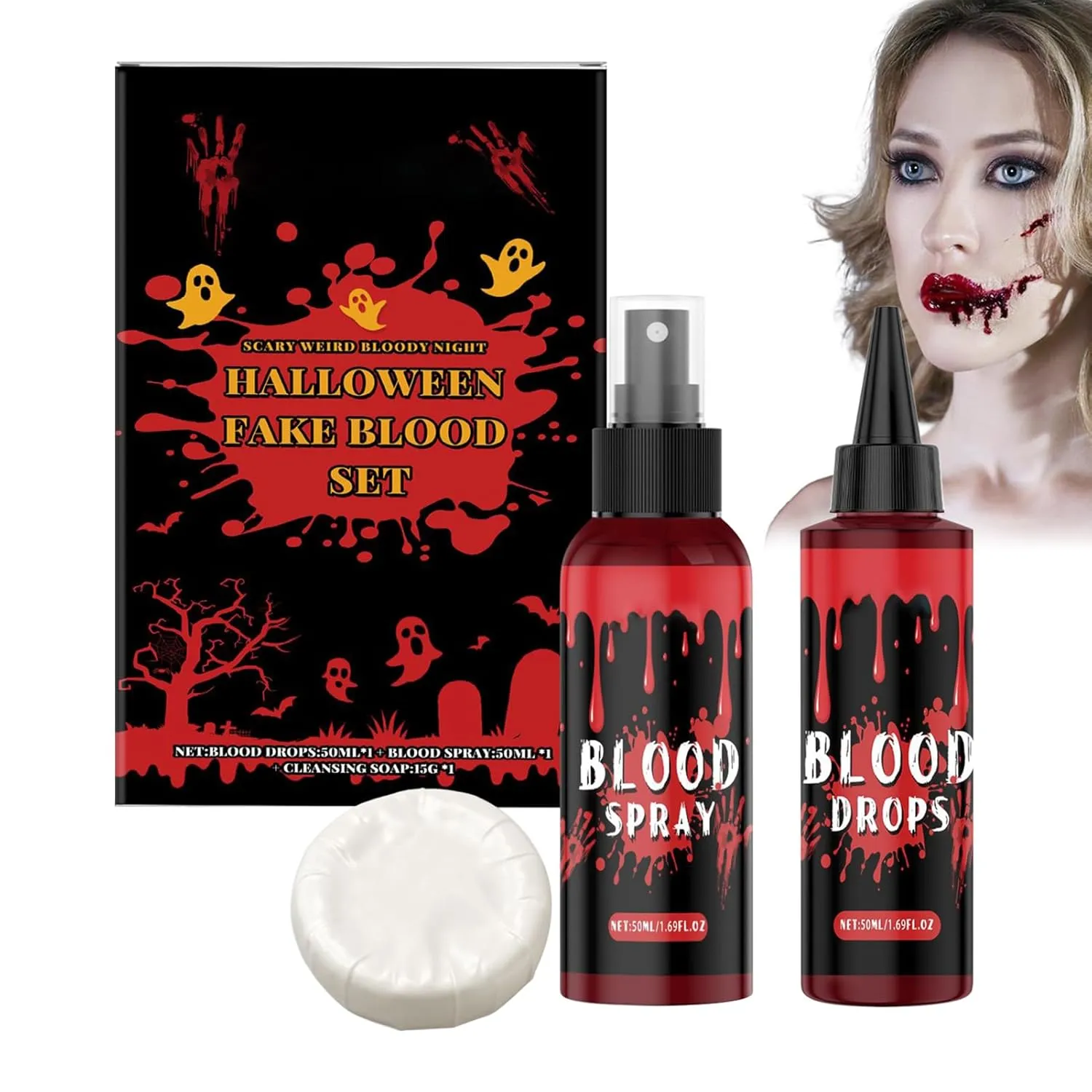 Halloween Fake Blood Kit - Fake Blood Spray | Washable Fake Blood Makeup | Fake Blood Makeup | Fake Blood Set | Drops Spray Cleaning Soap Masquerade Props for Zombie Vampire Men Cosplay