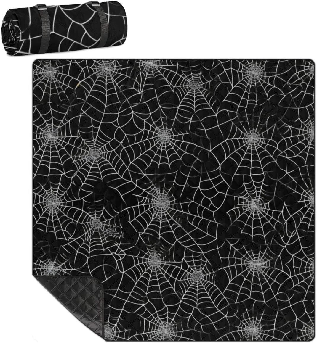 Halloween White Spider Web Outdoor Picnic Blanket - Waterproof, Sandproof, and Durable - Ideal for Camping, Beach, and Park - Fits 4 Adults - Easy to Carry and Clean