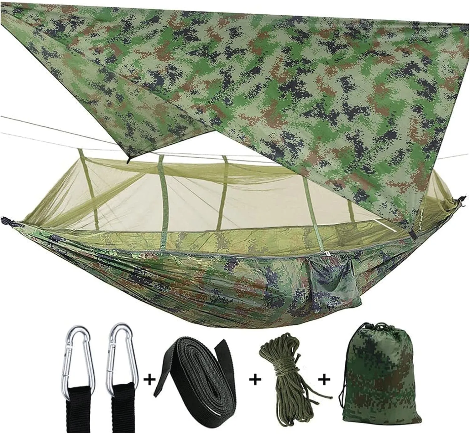 Hamaca 2 Person Camping Hammock w/Netting Mosquito Tent Tree Straps 4 Season Heavy Duty Waterproof Nylon Hammock Lightweight Portable Sleeping Bag for Outdoor Hiking Vacation Accessories