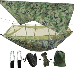 Hamaca 2 Person Camping Hammock w/Netting Mosquito Tent Tree Straps 4 Season Heavy Duty Waterproof Nylon Hammock Lightweight Portable Sleeping Bag for Outdoor Hiking Vacation Accessories