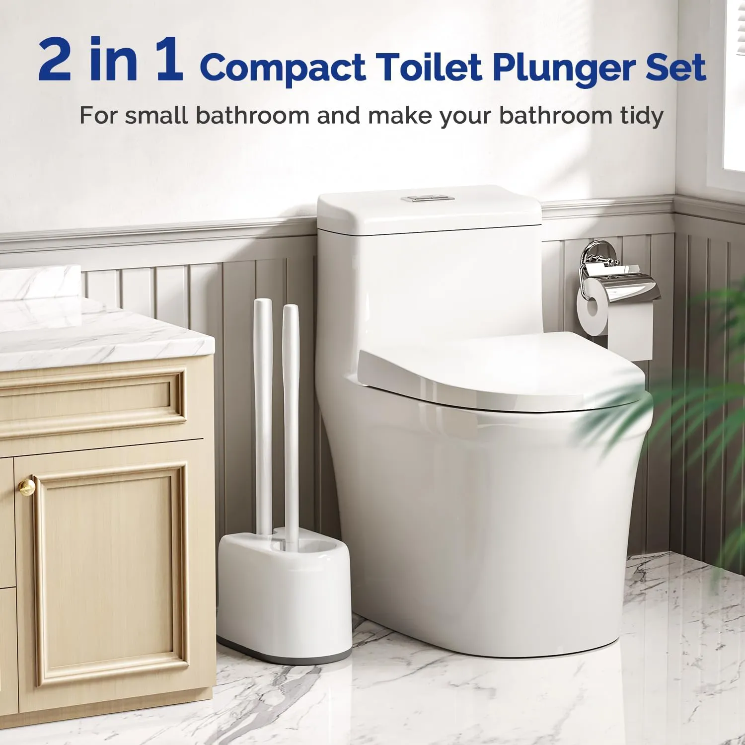 HAMITOR Toilet Plunger and Bowl Brush Set: 2 in 1 Heavy Duty Plunger with Holder Combo for Bathroom Cleaning-White